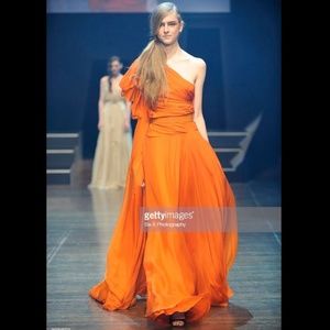 Orange One Shoulder Ruched Long Dress